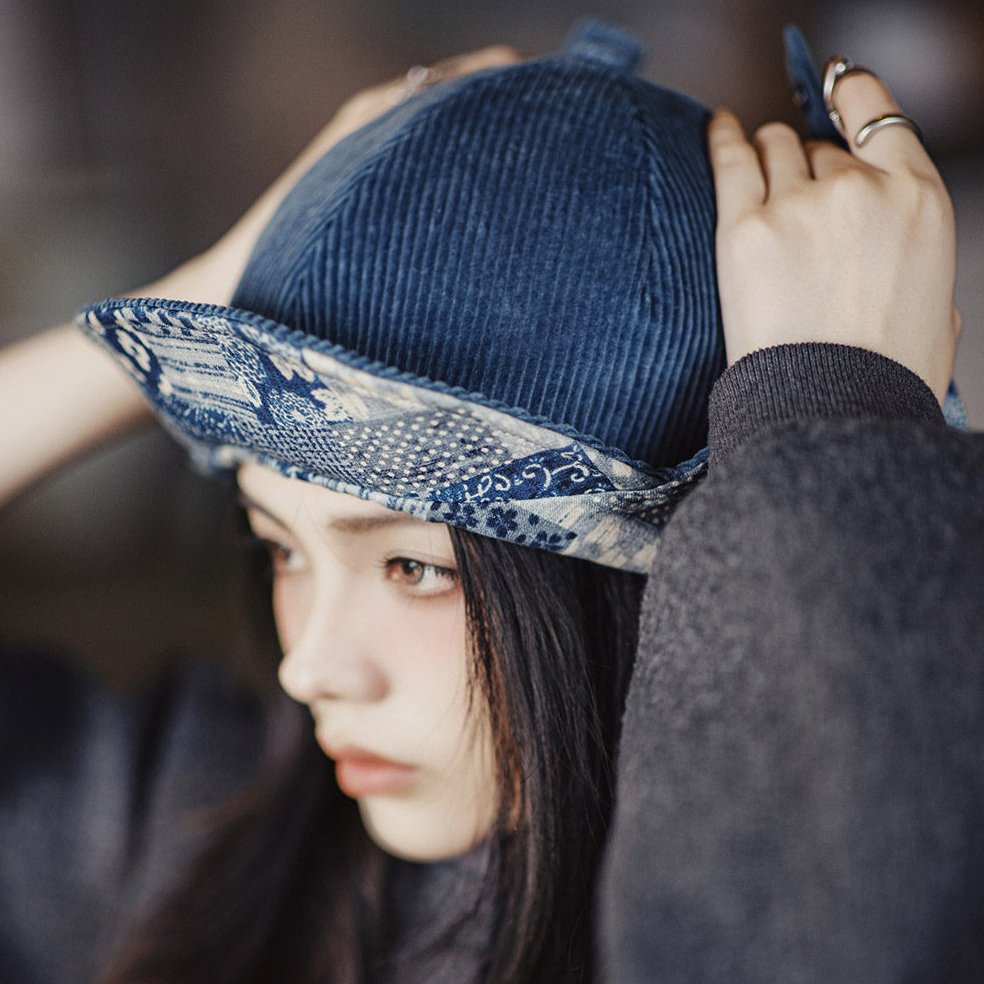 復古燈芯絨加厚防風防寒保暖飛行員藍色護耳雷鋒帽子女士冬