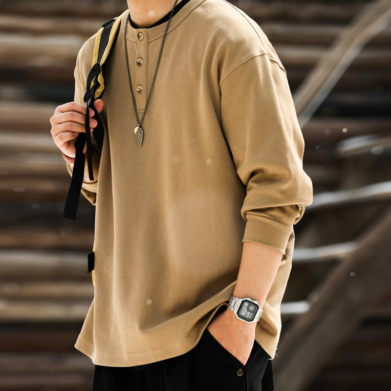 美式休閒320g重磅長袖亨利衫男寬鬆復古硬漢套頭打底衛衣TEE-Retro's Wear