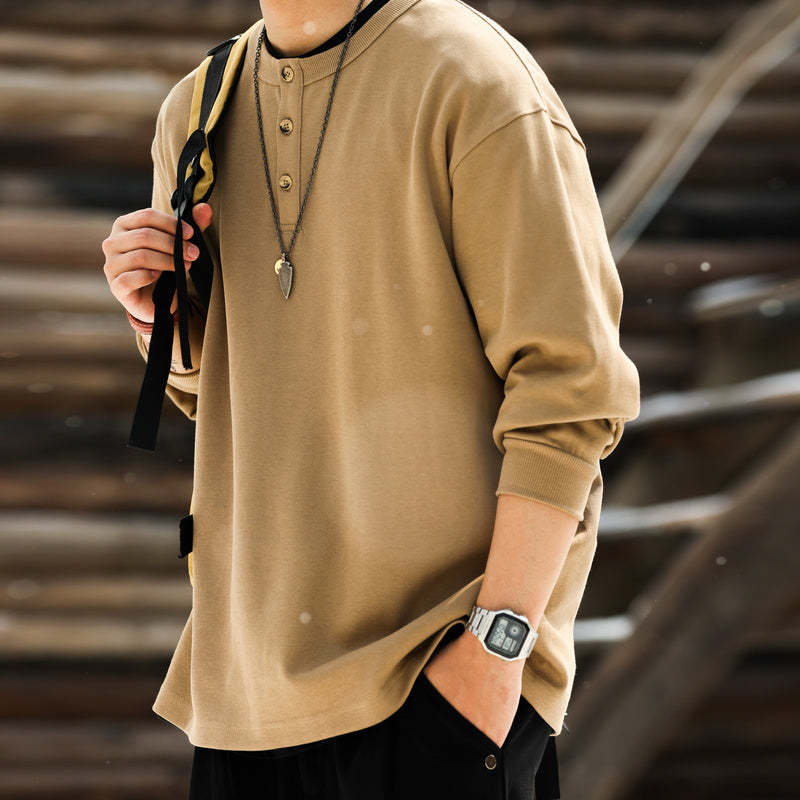 美式休閒320g重磅長袖亨利衫男寬鬆復古硬漢套頭打底衛衣TEE-Retro's Wear