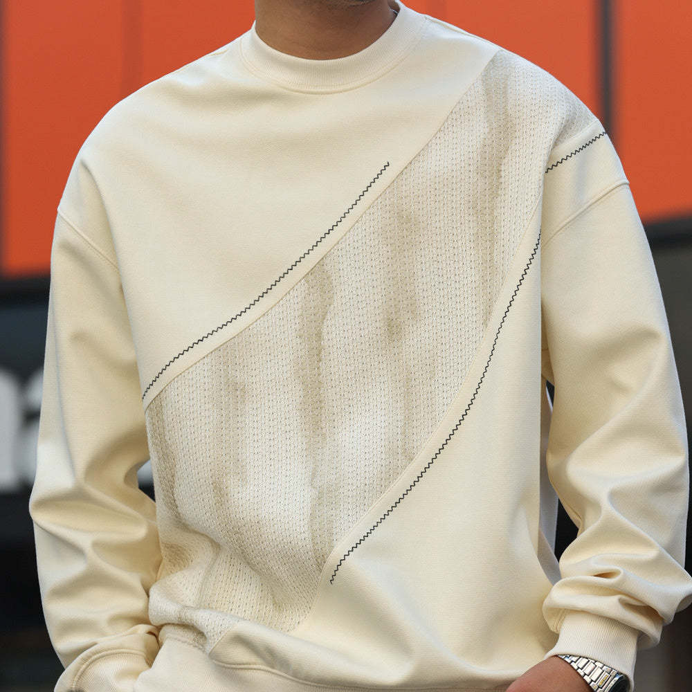 美式輕奢休閒感拼接圓領衛衣男340g撞色明線套頭針織衫