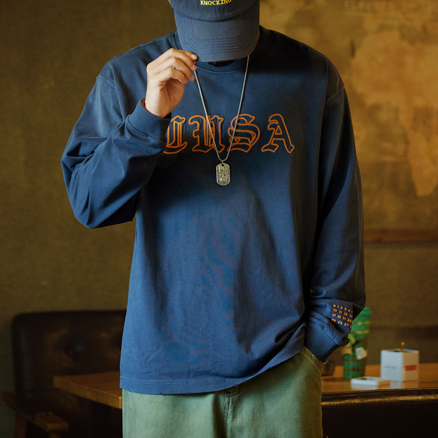 美式復古水洗漸變純棉長袖t恤男2025秋季新款寬鬆字母刺繡打底衫