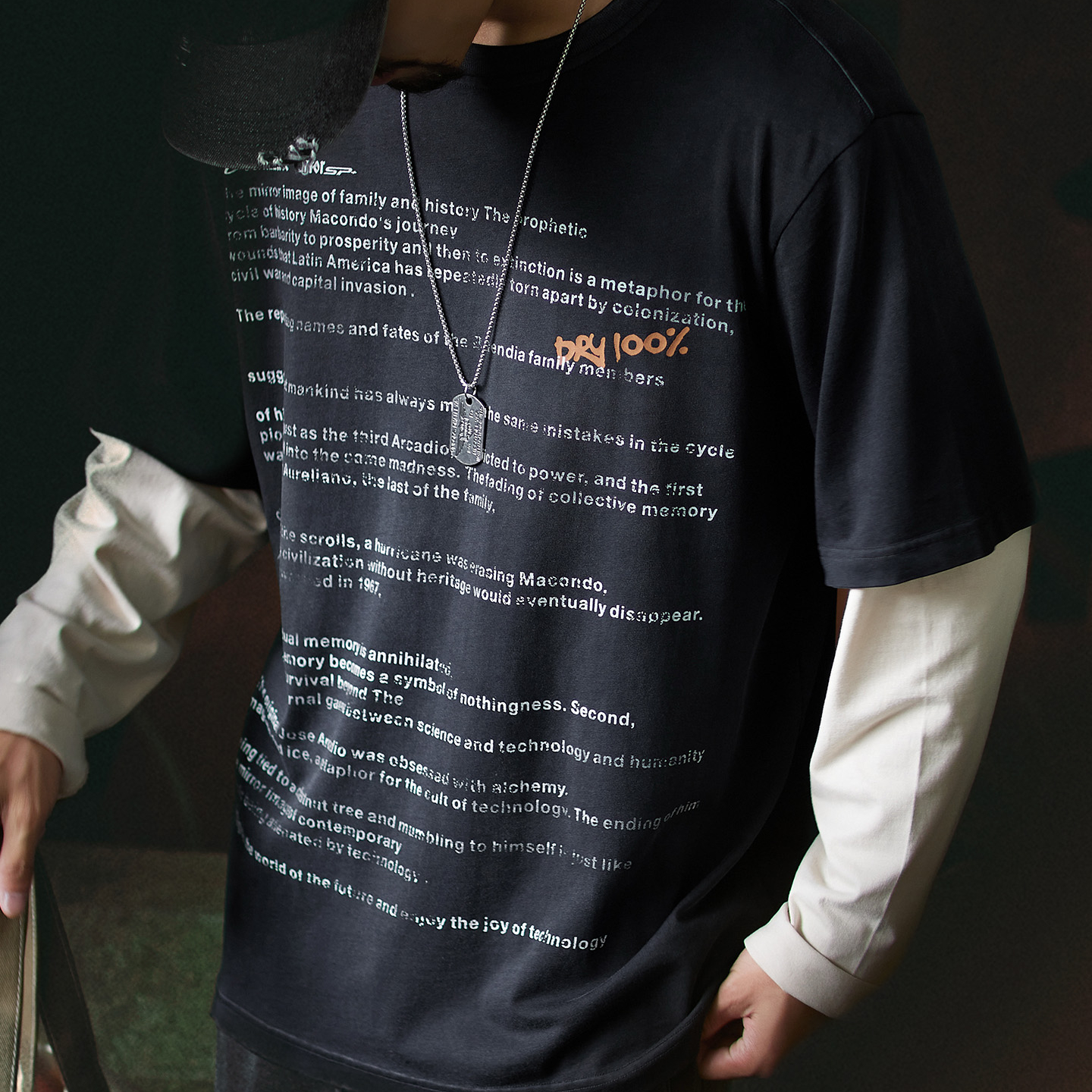 假兩件美式復古字母印花長袖t恤男2025秋季潮牌寬鬆純棉打底衫