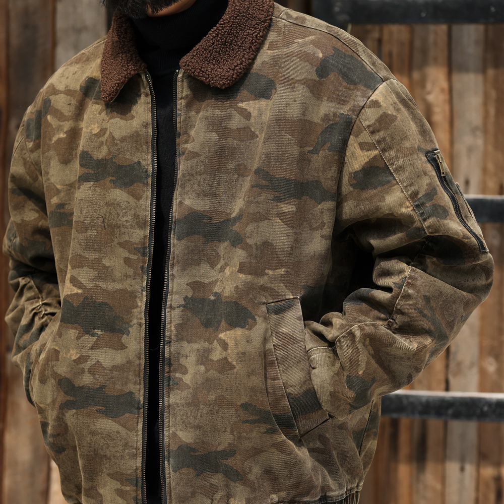 美式羊羔絨工裝帆布夾克男加絨加厚保暖復古迷彩外套冬