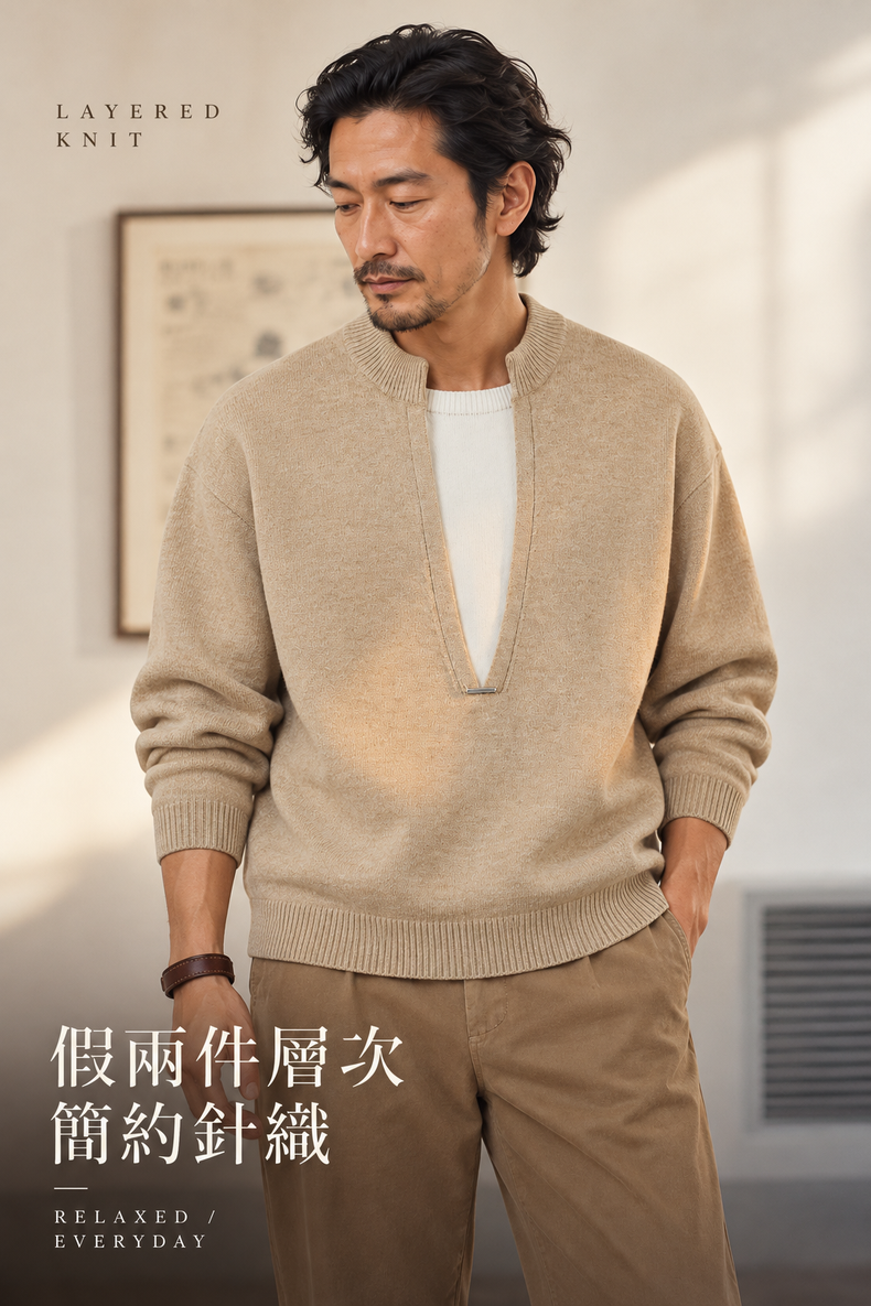 小立領假兩件細針織寬鬆長袖上衣 · 02-hero