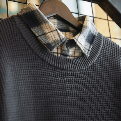 美式復古假兩件襯衫領毛衣男2025秋冬新款鬆弛感加厚保暖針織衫