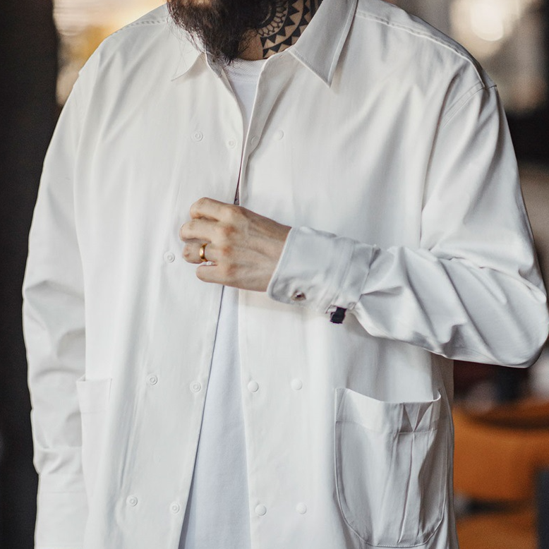 美式休閒人字紋雙排扣長袖襯衫百搭通勤翻領白襯衣男秋季-Retro's Wear