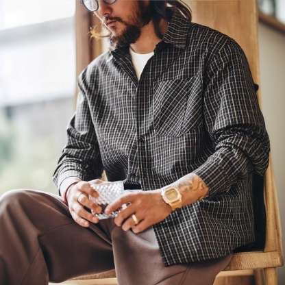 美式高街港風休閒格子襯衫男士2026春秋新款寬鬆襯衣外套男