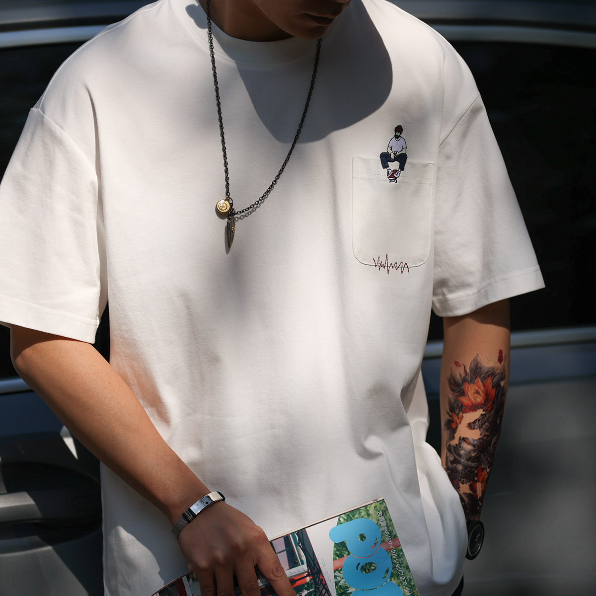 美式休閒重磅刺繡短袖T恤男口袋設計感白色落肩袖打底衫