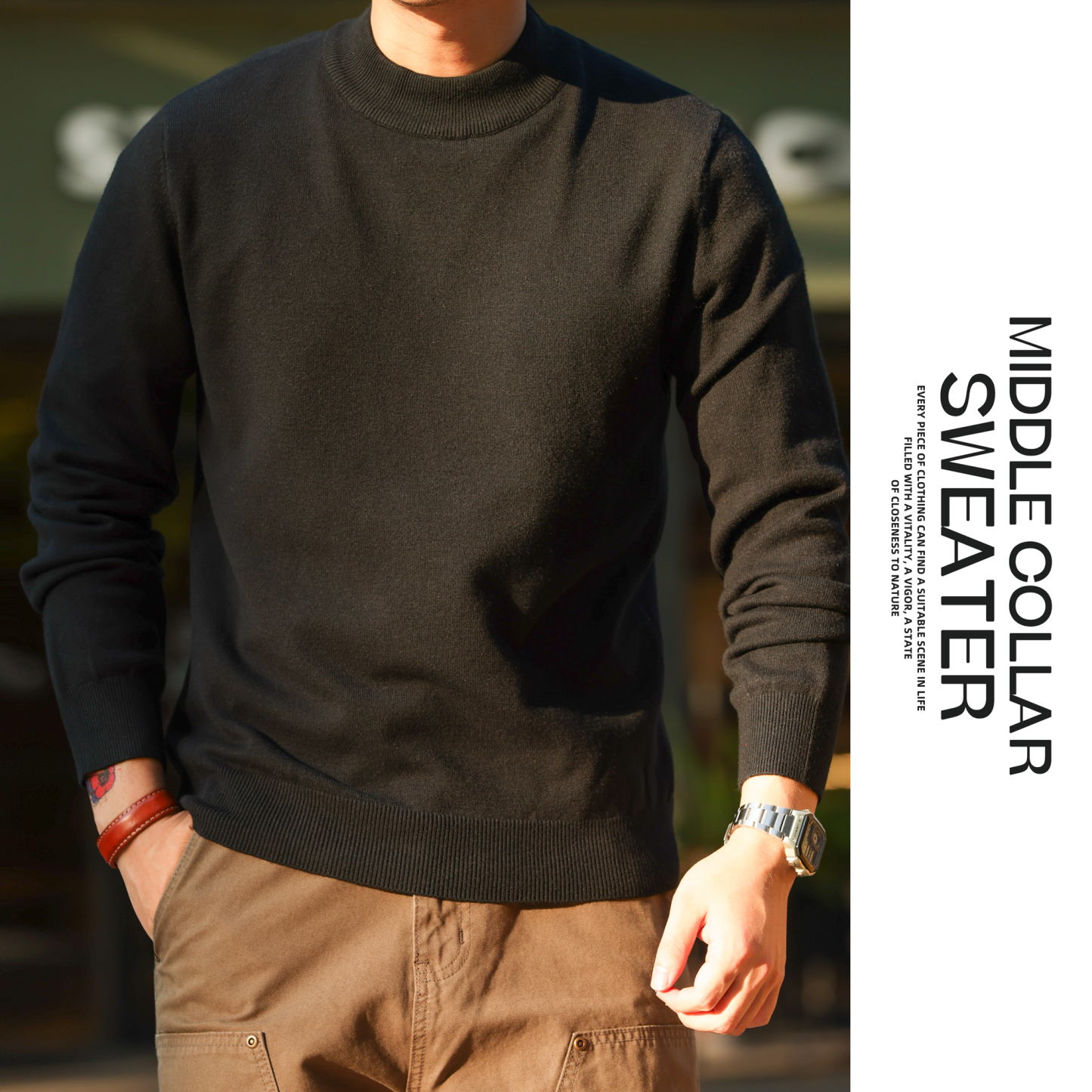 美式休閒自發熱半高領綿羊毛衫男修身保暖打底針織上衣