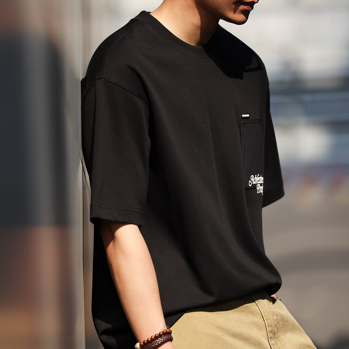 美式休閒立體口袋刺繡短袖T恤男戶外風工裝圓領打底TEE