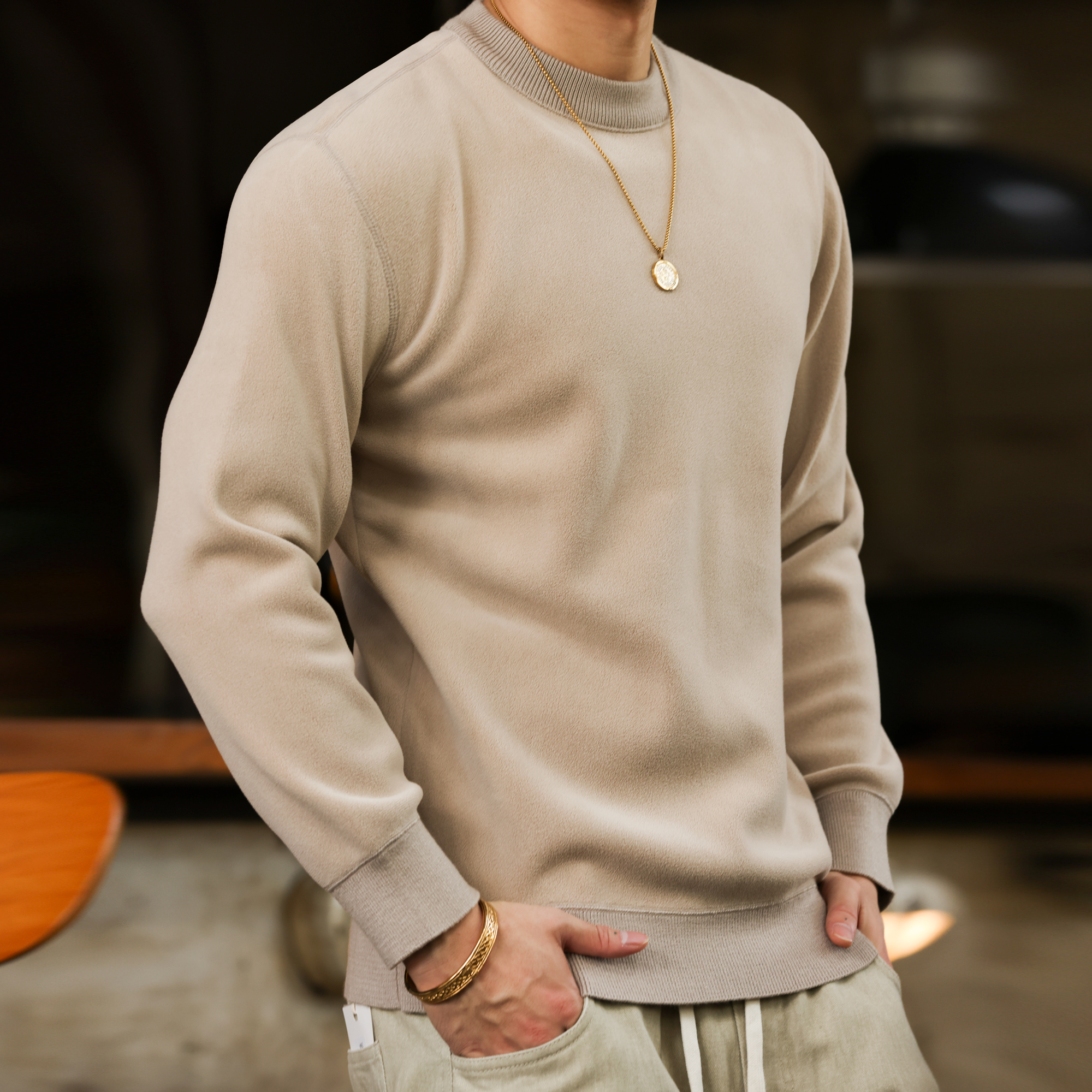 雙面奧粒絨保暖圓領衛衣男美式休閒加絨抗皺打底上衣冬