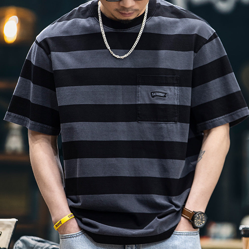 純棉水洗條紋短袖t恤男夏季2025新款美式微寬鬆圓領休閒半袖男