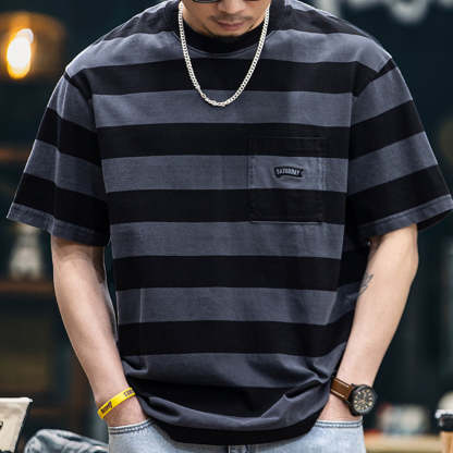 純棉水洗條紋短袖t恤男夏季2025新款美式微寬鬆圓領休閒半袖男