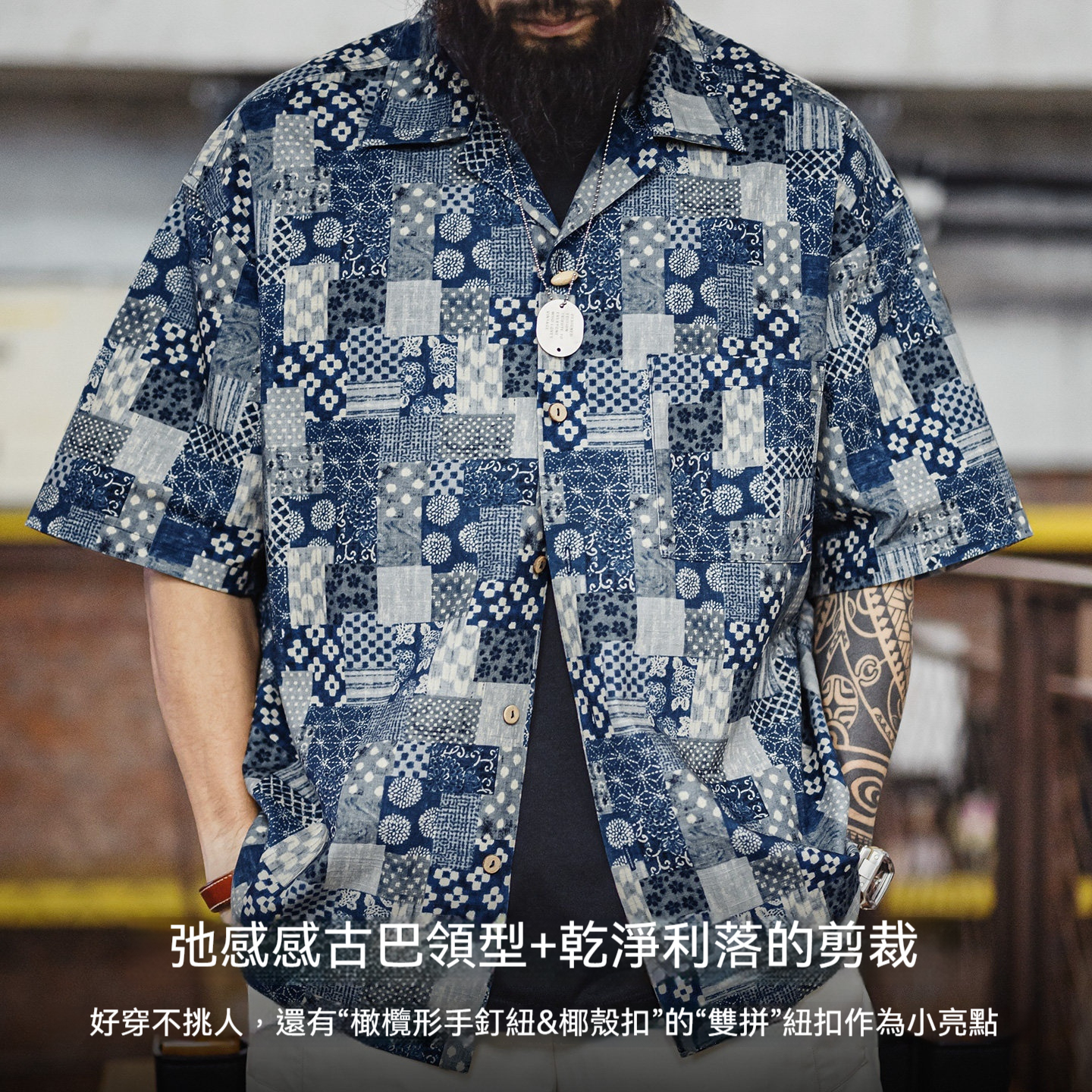 美式復古Boro古布短袖襯衫vintage印花牛仔襯衣外套男夏