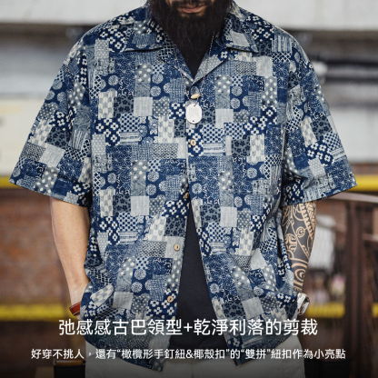 美式復古Boro古布短袖襯衫vintage印花牛仔襯衣外套男夏