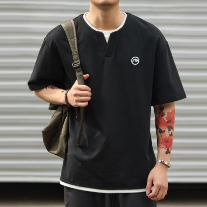 美式假兩件V型領設計短袖T恤男220g涼感休閒刺繡打底衫