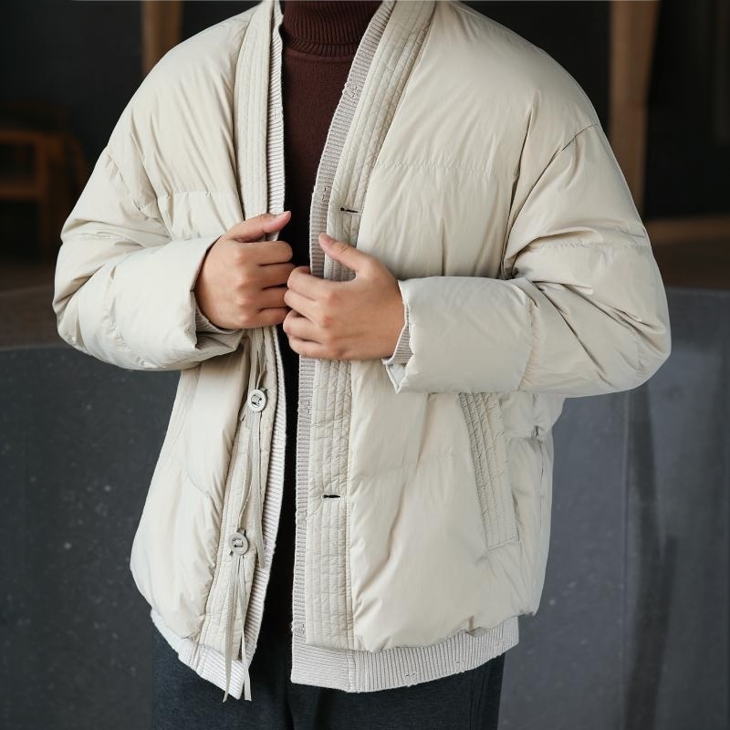 新中式道袍領羽絨服男90絨針織拼接假兩件設計保暖外套