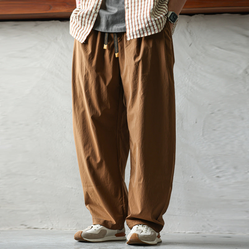 美式休閒垂感運動休閒褲男寬鬆打褶戶外梭織復古抽繩老爹褲-Retro's Wear