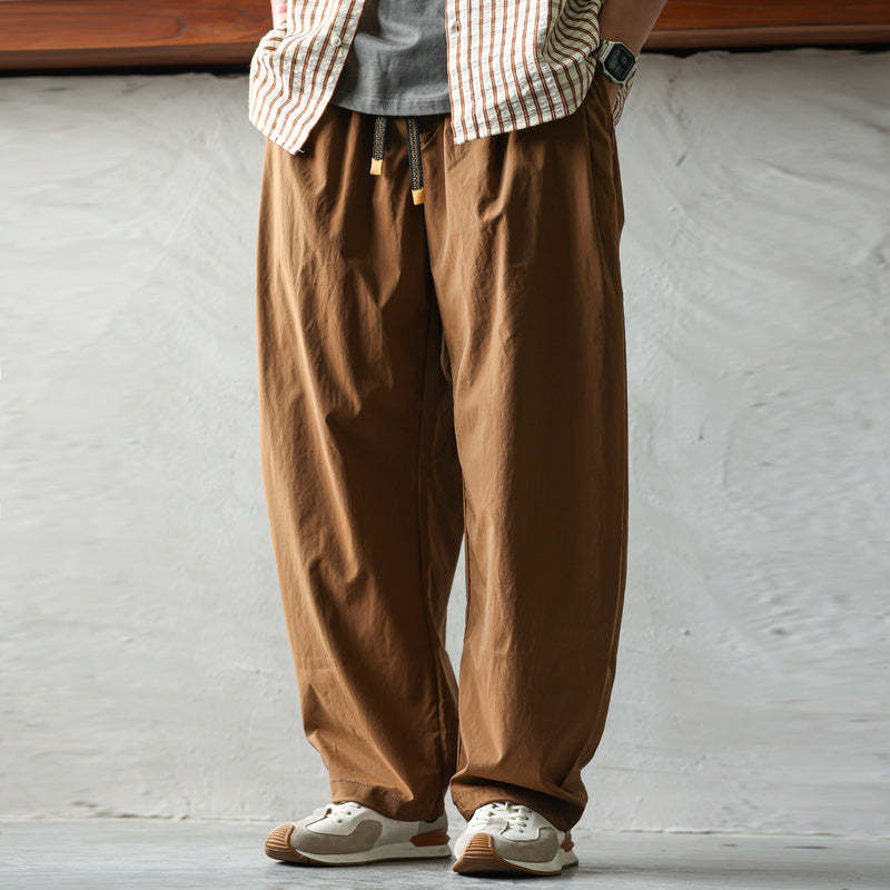 美式休閒垂感運動休閒褲男寬鬆打褶戶外梭織復古抽繩老爹褲-Retro's Wear