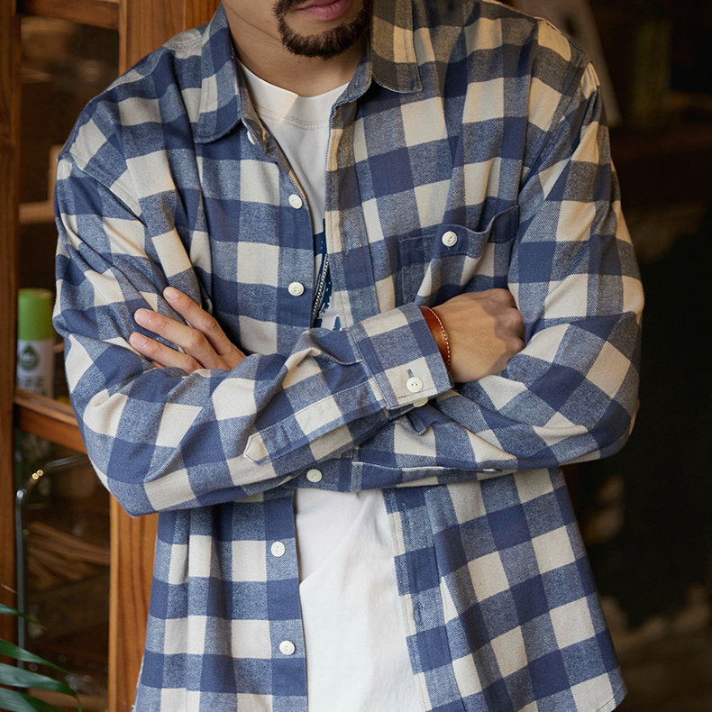 8盎司萊賽爾藍色格子襯衫男2025秋季新款美式鬆弛感長袖襯衣外套