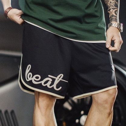 美式黑色雙層網眼短褲籃球高街運動風透氣沙灘四分褲男夏