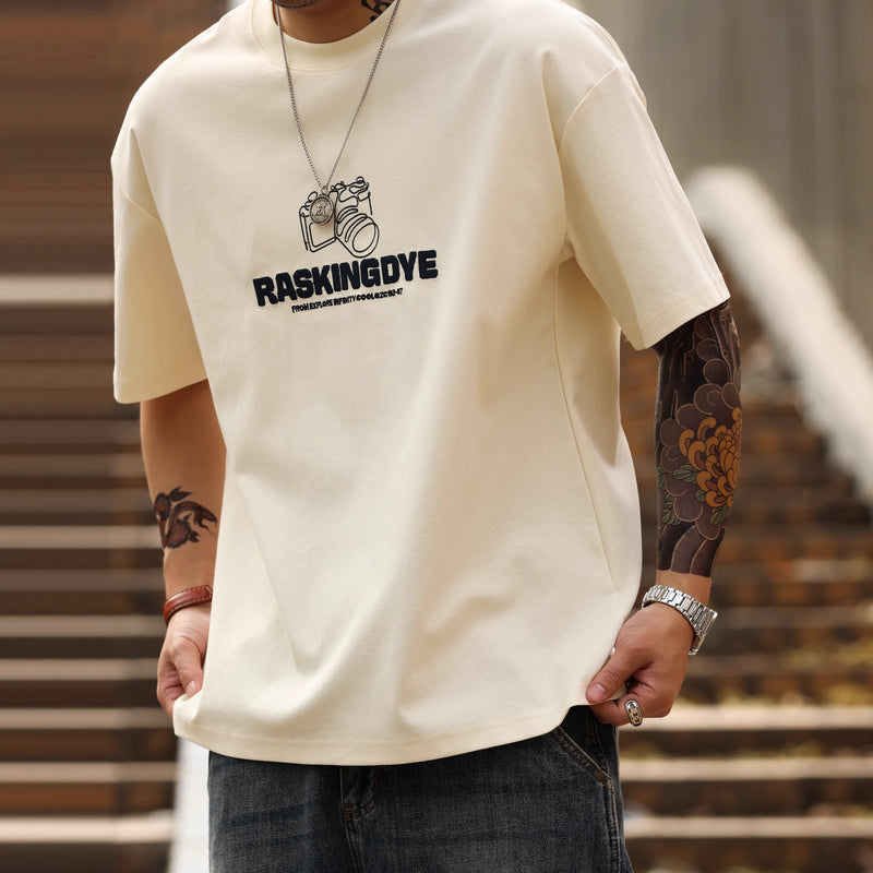 美式休閒210g發泡織圈短袖T恤男寬鬆杏色雙面棉印花TEE