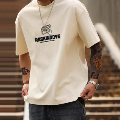 美式休閒210g發泡織圈短袖T恤男寬鬆杏色雙面棉印花TEE