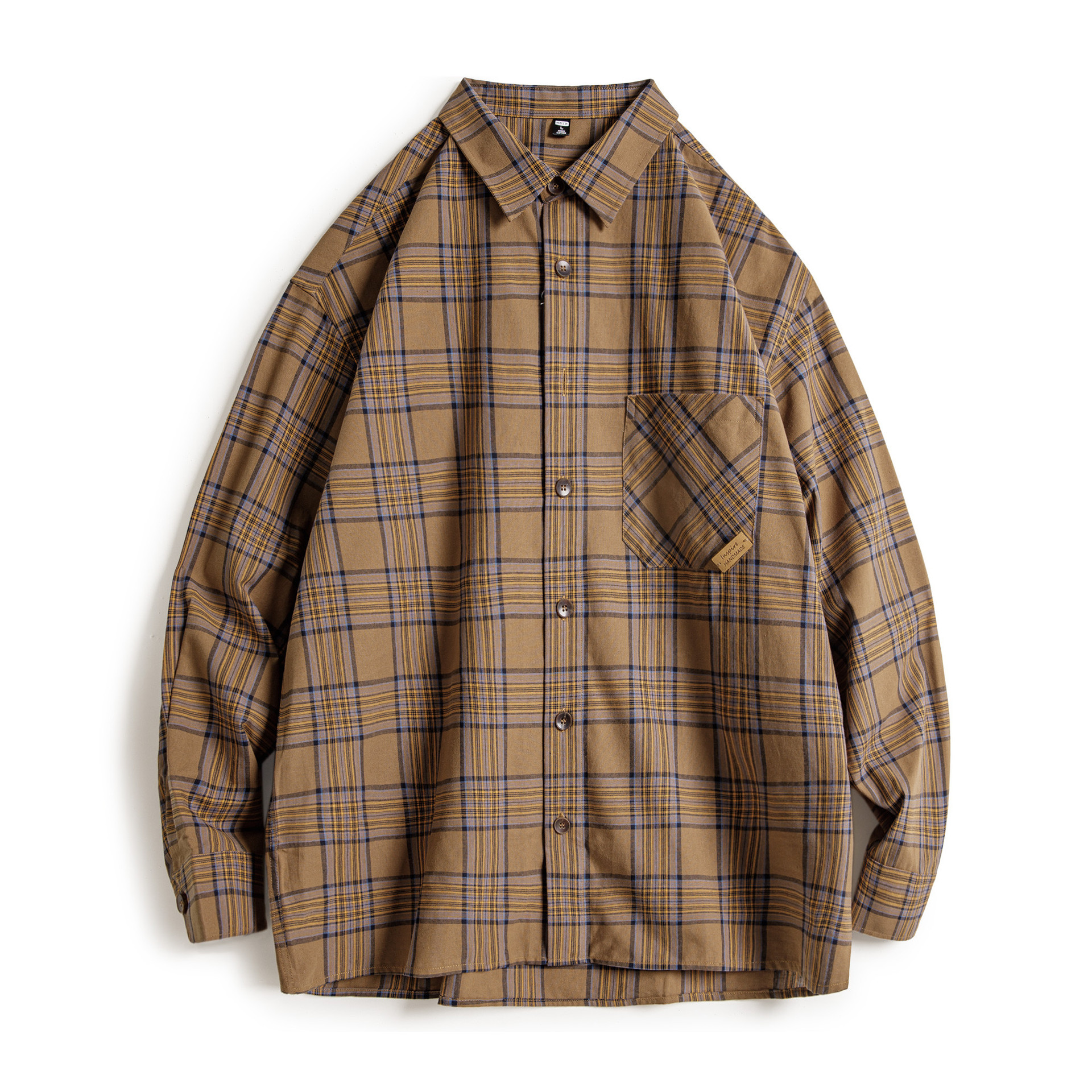 美式復古格子襯衫薄款長袖純棉外套式棕色格紋襯衣男夏秋