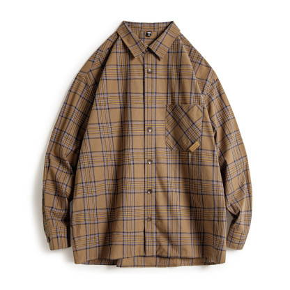 美式復古格子襯衫薄款長袖純棉外套式棕色格紋襯衣男夏秋