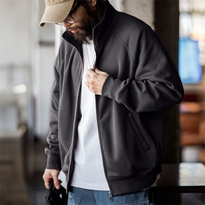 美式休閒搖粒絨開衫衛衣學院風立領加絨運動拉鍊外套男秋-Retro's Wear