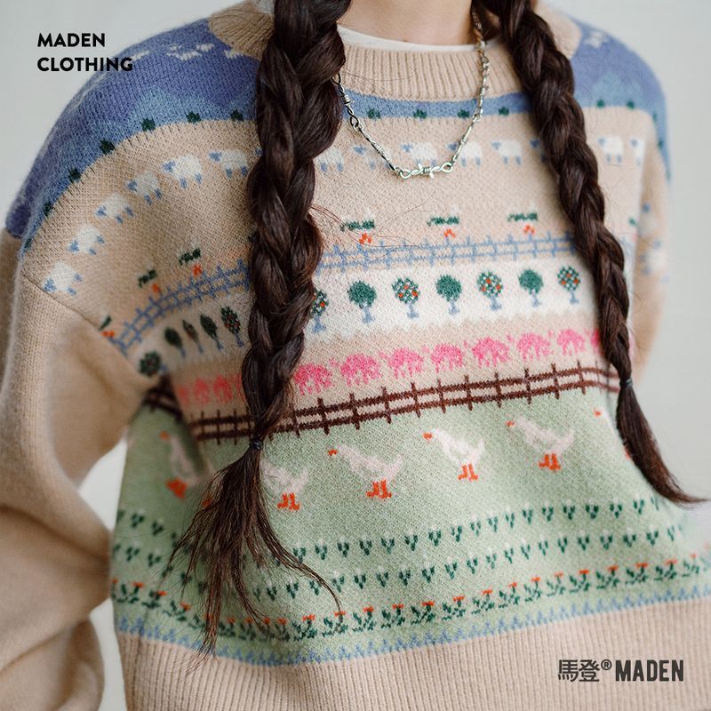復古費爾島小動物提花毛衣慵懶風套頭圓領內搭針織衫秋季女-Retro's Wear