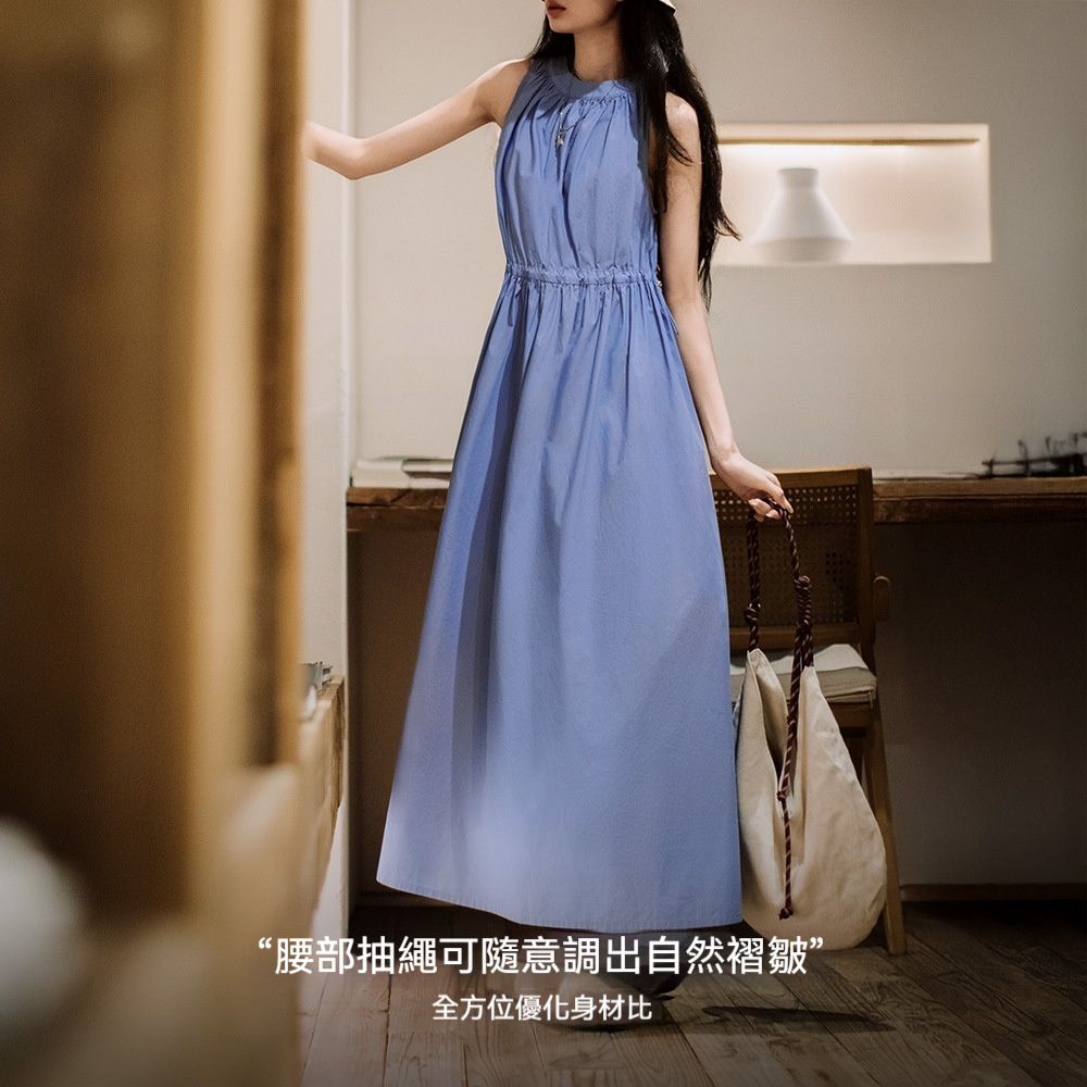 淺春系baby藍無袖連衣裙休閒沙灘度假長裙春夏法式抽褶裙子女