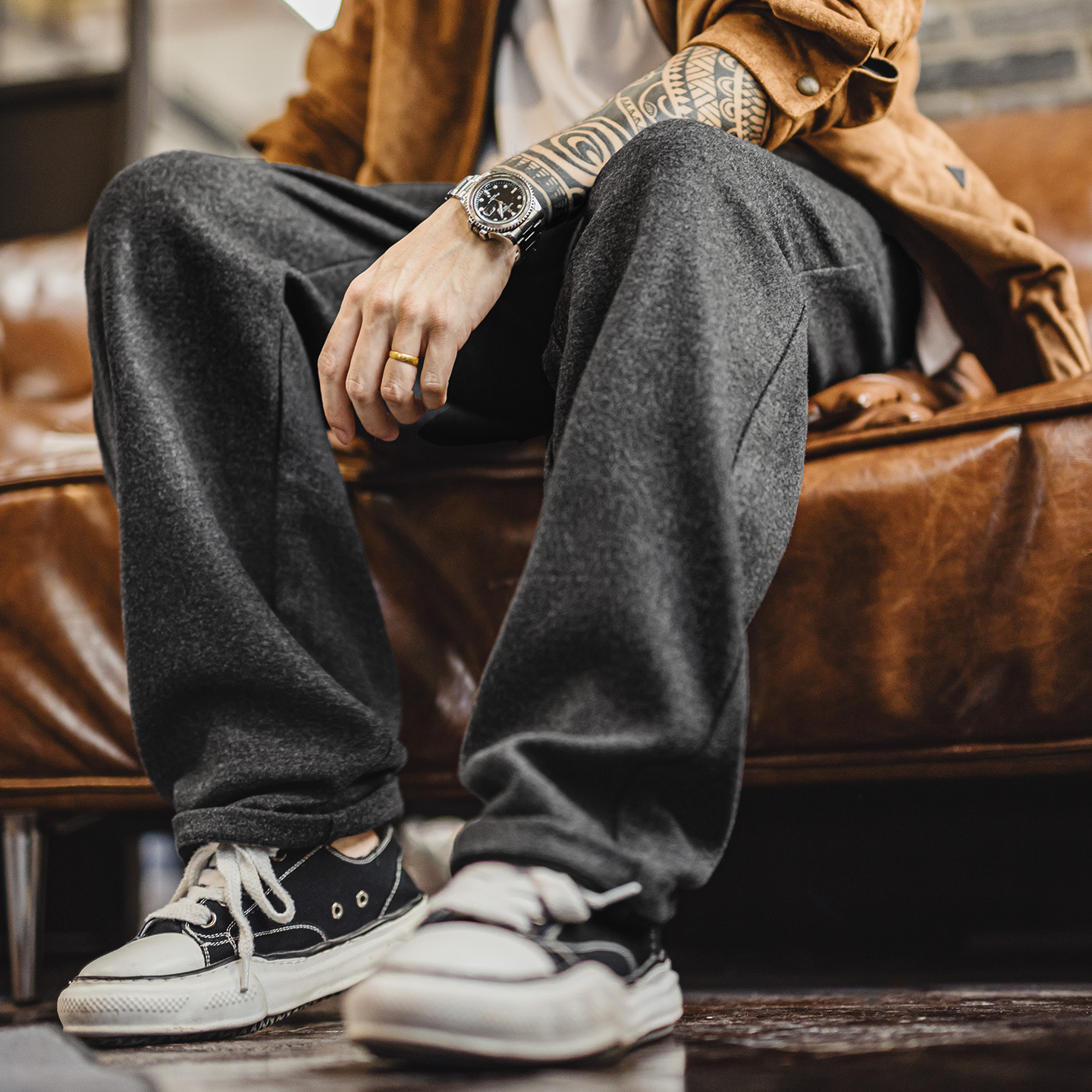 美式灰黑色毛呢西褲老錢風直筒休閒褲垂墜感長褲子男秋冬