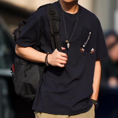 美式休閒220g雲梯紋理短袖T恤男寬鬆刺繡口袋設計TEE春