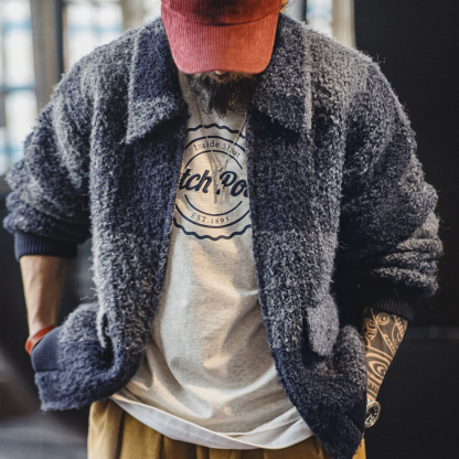 美式復古水牛格子毛織外套混紡翻領格紋開衫夾克男秋