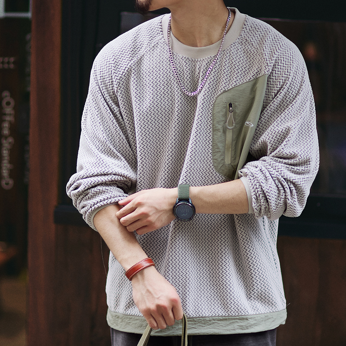 280g波浪肌理絨感長袖衛衣男2025秋季新款寬鬆拼接圓領套頭上衣