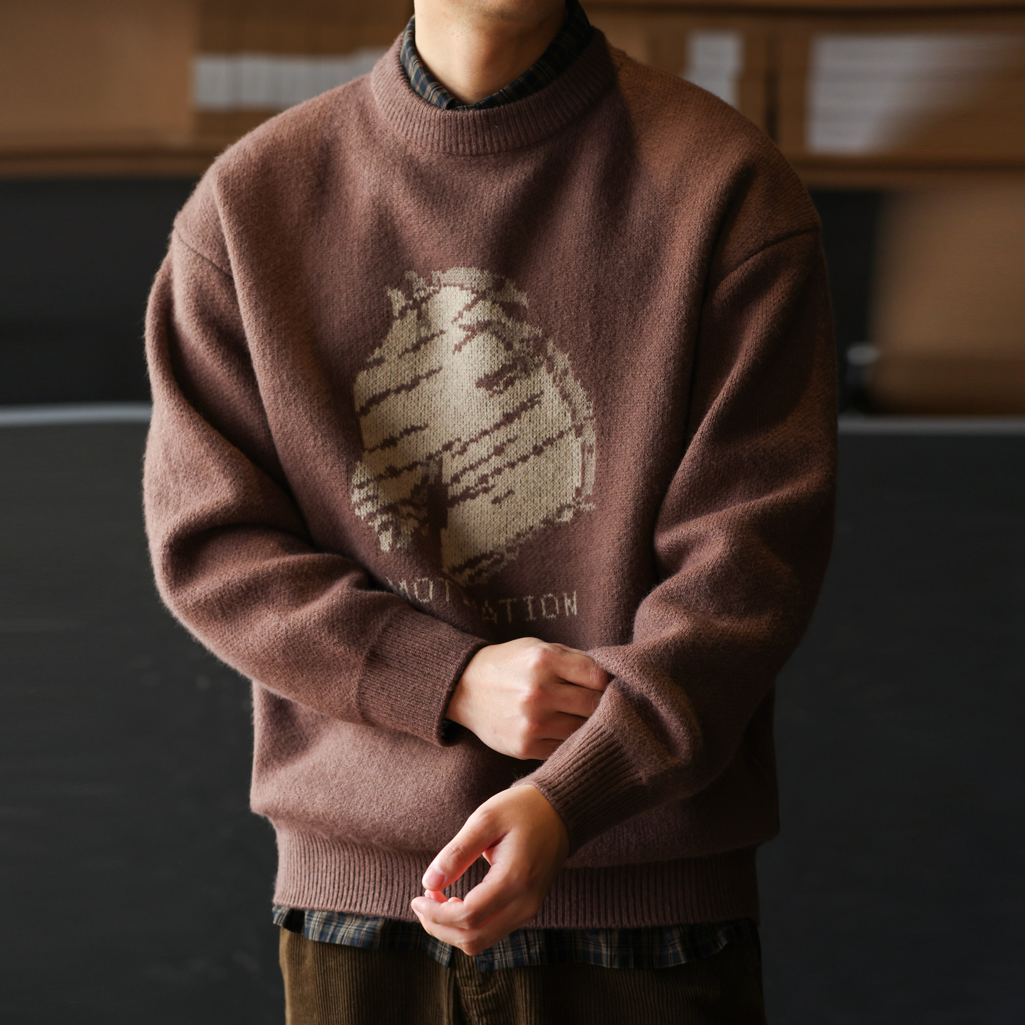 聖誕紅色25馬年美式復古提花毛衣加厚保暖圓領針織衫