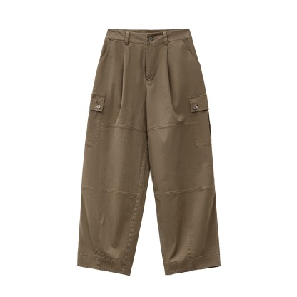 美式復古灰咖啡色多口袋寬鬆闊腿氣球休閒彎刀工裝褲子女士秋