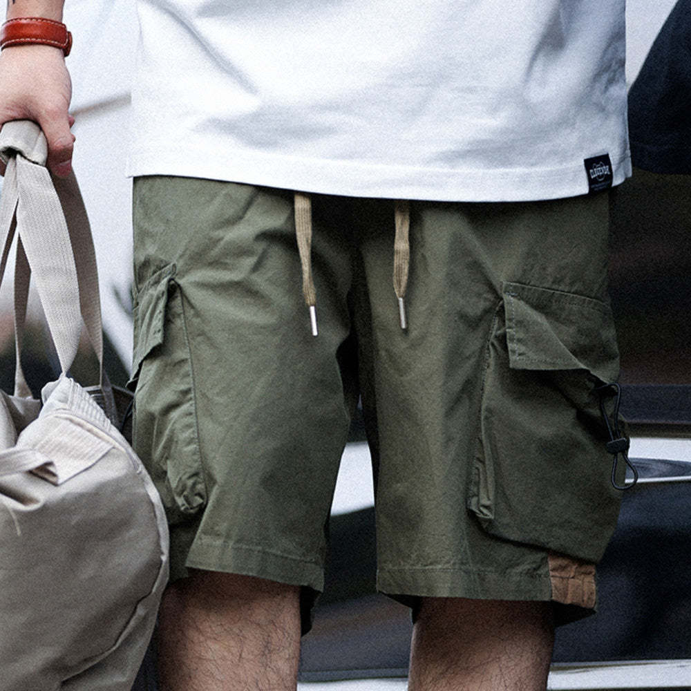 美式復古山地工裝短褲男寬鬆運動薄款純棉抽繩休閒五分褲-Retro's Wear