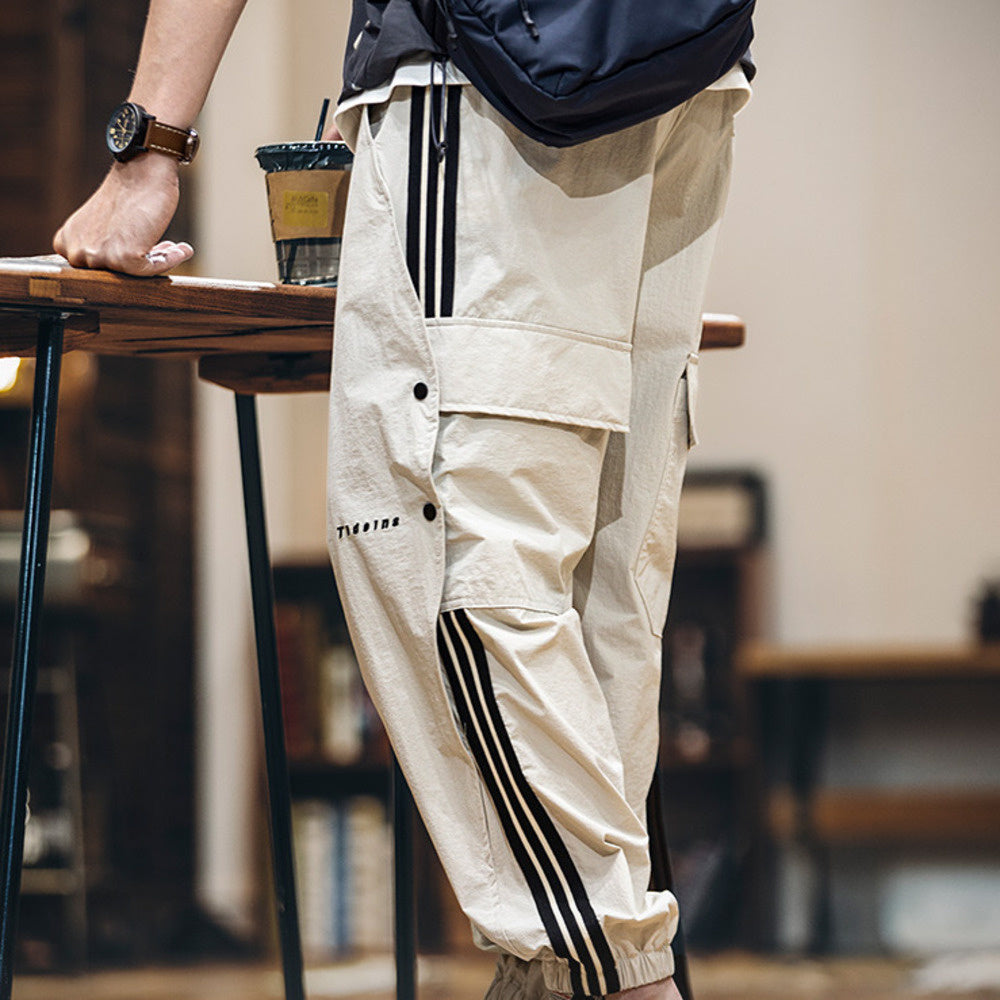 美式拼接條紋工裝束脚休閒褲男春夏2025新款彈力速幹運動褲子薄款