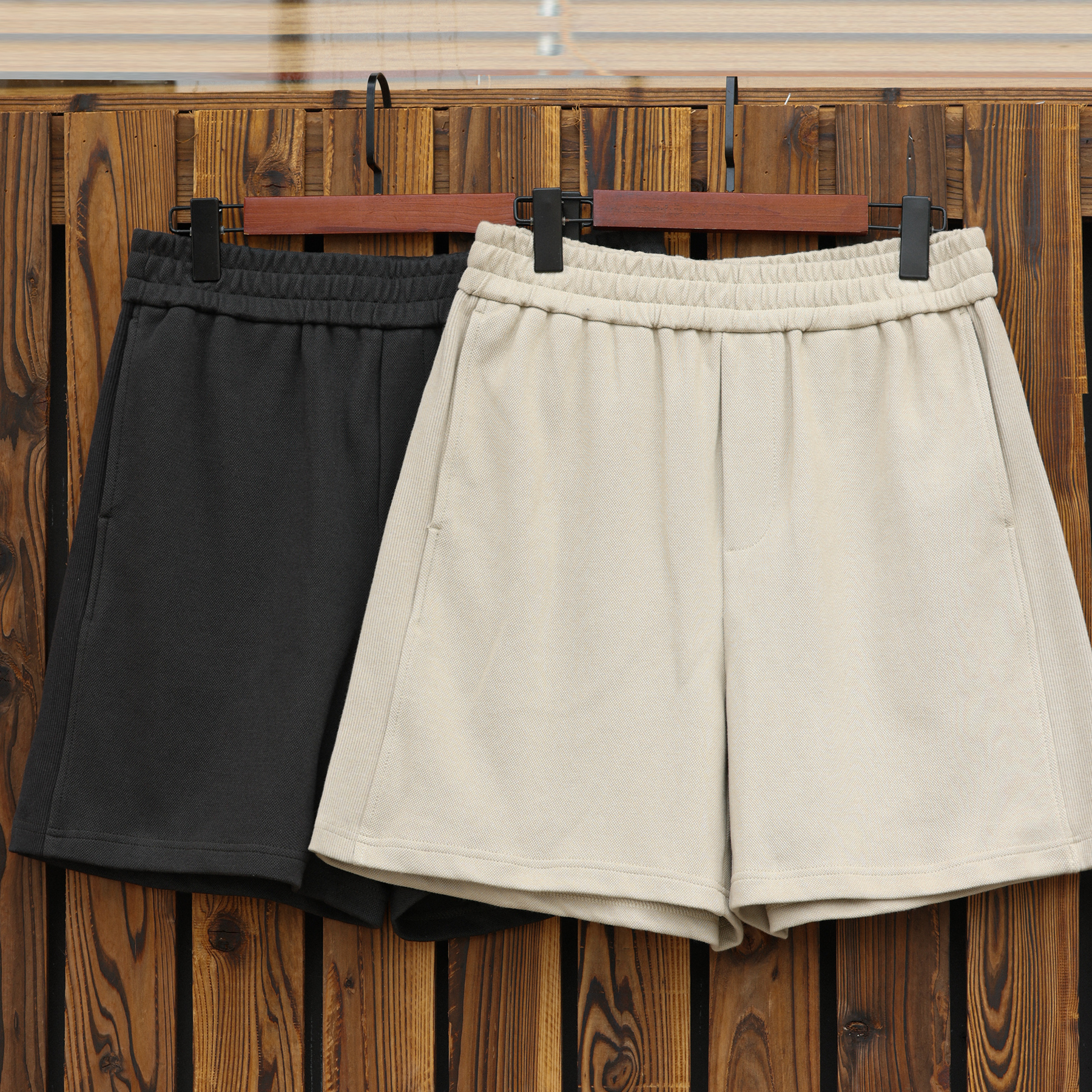 美式休閒360g重磅針織短褲男珠地肌理拼接設計五分褲夏