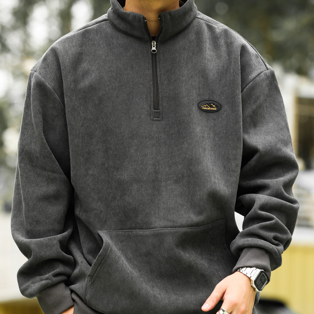 美式復古半拉鍊立領燈芯絨衛衣男加絨保暖cleanfit上衣外套-Retro's Wear