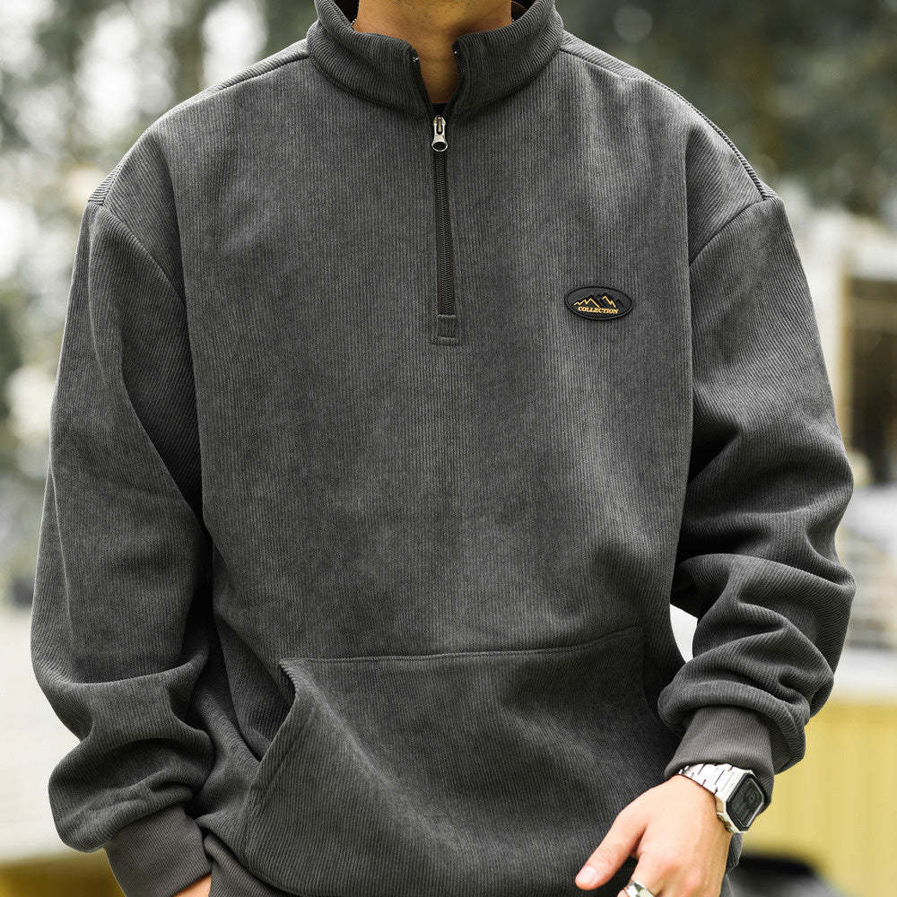 美式復古半拉鍊立領燈芯絨衛衣男加絨保暖cleanfit上衣外套-Retro's Wear