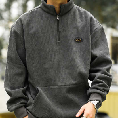 美式復古半拉鍊立領燈芯絨衛衣男加絨保暖cleanfit上衣外套-Retro's Wear