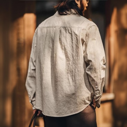 美式復古亞麻混紡輕薄男士襯衫外套寬鬆春季款工裝長袖襯衣