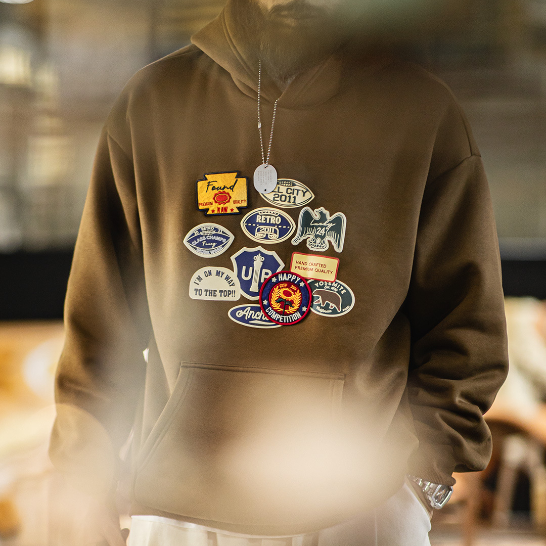 美式棕色徽章刺繡連帽衛衣加絨針織美拉德寬鬆外套男秋冬