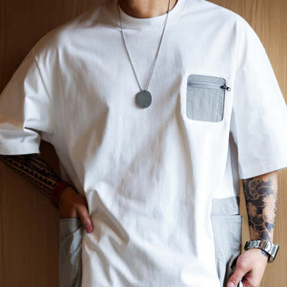 美式復古戶外拉鍊口袋設計短袖T恤男寬鬆撞色拼接機能風TEE-Retro's Wear