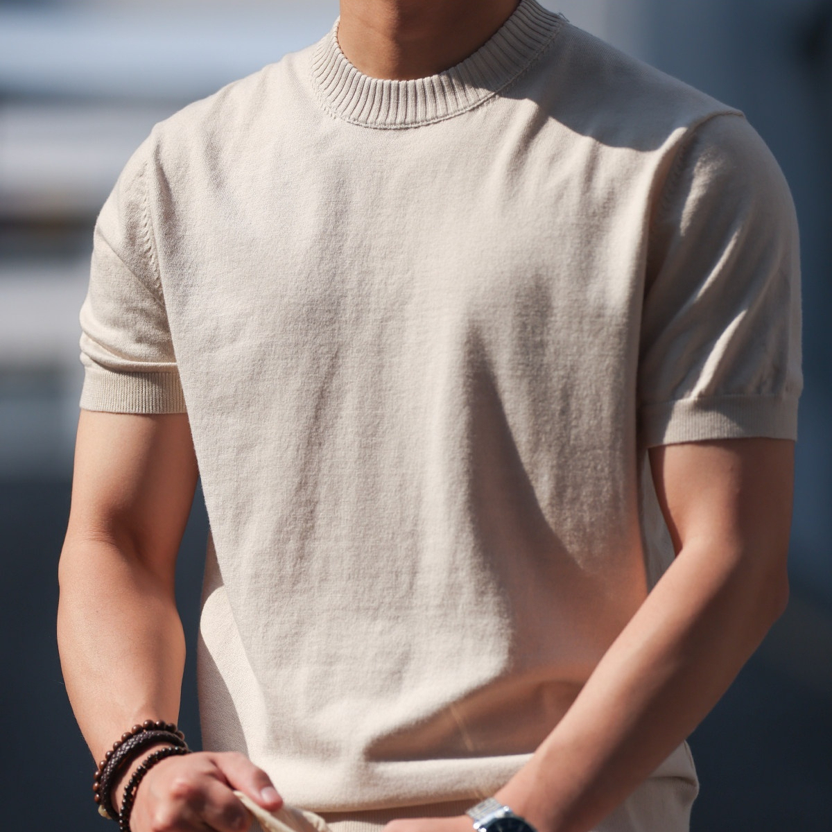 簡約老錢風短袖針織衫男高級感通勤休閒圓領收袖打底T恤