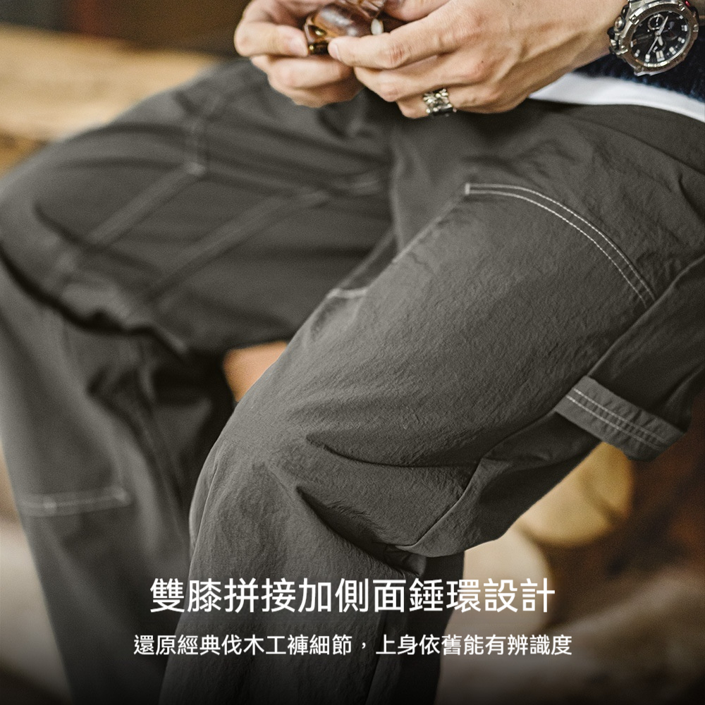 輕美式休閒雙膝伐木褲肌理感薄款垂感軍綠色長褲子男夏秋