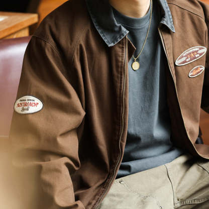 美式復古底特律夾克男廓形重磅洗褪純棉翻領撞色休閒寬鬆外套-Retro's Wear